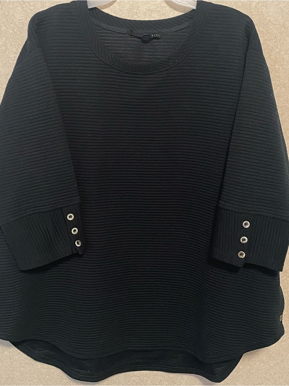 Jane and Delancey Black Ribbed Crewneck Sweater with Button Cuffs